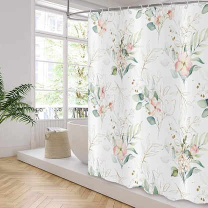 Spring Pink Floral Shower Curtain, Weighted Bottom Sage Green Eucalyptus Leaf Watercolor Botanical Plants with Gold Branches Fabric Bathroom Curtain Home Decor Waterproof Washable with 12 Hooks
