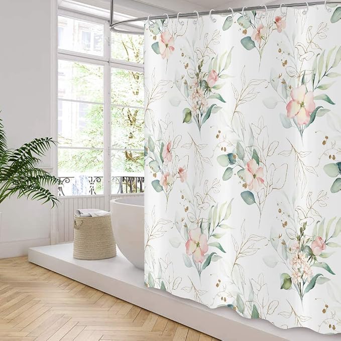 Spring Pink Floral Shower Curtain, Weighted Bottom Sage Green Eucalyptus Leaf Watercolor Botanical Plants with Gold Branches Fabric Bathroom Curtain Home Decor Waterproof Washable with 12 Hooks