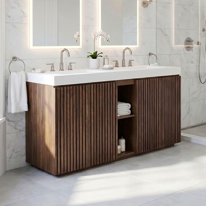 60" Double Bathroom Vanity with Sink (8" Widespread Faucet Holes Predrilled), Mid Century Modern Bathroom Cabinet with 4 Doors & Shelves, White Integrated Sink with Overflow, Walnut