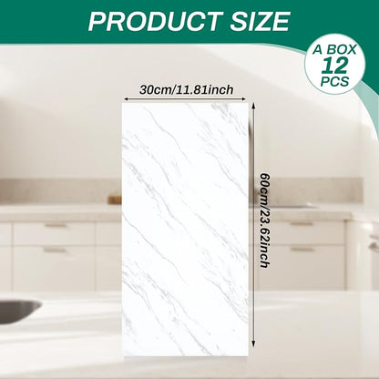 12pcs White Marble Peel and Stick Tiles 23.6"x11.8" Waterproof Heat Resistant Self Adhesive Removable PVC Wall Panels for Kitchen Backsplash, Bathroom, Laundry Room (Not Real Tile, Not for Floor)