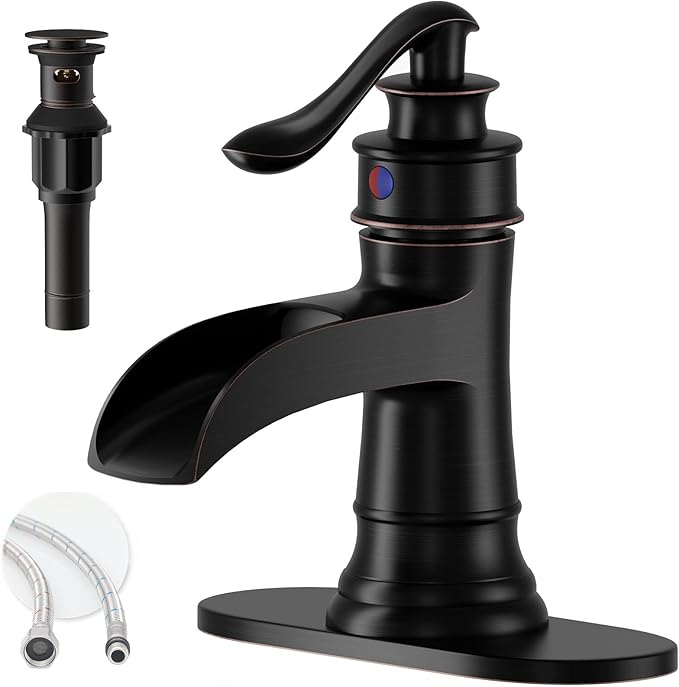 Oil Rubbed Bronze Waterfall Bathroom Faucet, Single Handle Bathroom Sink Faucet 1 Hole or 3 Hole, Vanity Sink Faucet for Vintage Antique Lavatory Washroom with Pop Up Drain, Deck, 2 Hoses