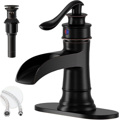 Oil Rubbed Bronze Waterfall Bathroom Faucet, Single Handle Bathroom Sink Faucet 1 Hole or 3 Hole, Vanity Sink Faucet for Vintage Antique Lavatory Washroom with Pop Up Drain, Deck, 2 Hoses