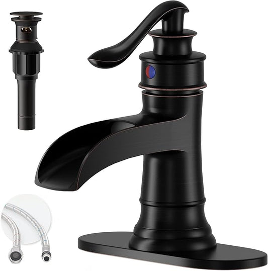 Oil Rubbed Bronze Waterfall Bathroom Faucet, Single Handle Bathroom Sink Faucet 1 Hole or 3 Hole, Vanity Sink Faucet for Vintage Antique Lavatory Washroom with Pop Up Drain, Deck, 2 Hoses
