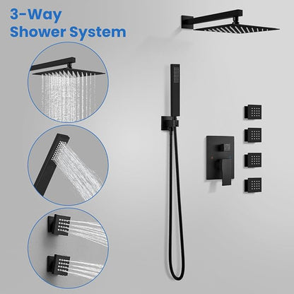 gotonovo Rainfall Shower System with Full Body Jets 4pcs Matte Black | 12’’ Rainfall Shower Head with Handheld Spray Combo,Wall Mount,Rough-in Valve and Trim Kit,Brass Body Message Jets,All Metal