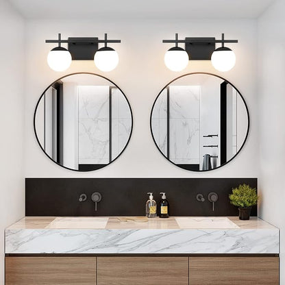 Bathroom Light Fixtures Over Mirror, Black Vanity Lights for Bathroom with White Frosted Glass, 2-Light Modern Vanity Lighting Fixtures Globe Sconces Wall Light for Bedroom Living Room Cabinet