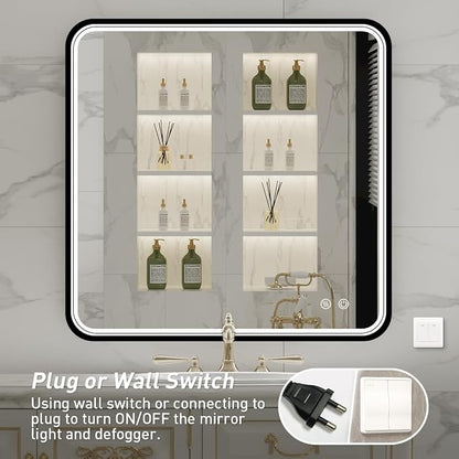 36X36 Inch LED Lighted Bathroom Mirror,Black Frame,3 Color | ETL Listed,Anti-Fog,3000K/4500K/6000K Dimmable,Horizontal & Vertical,Wall Mounted,Memory Function,Ideal for Bathroom,Vanity