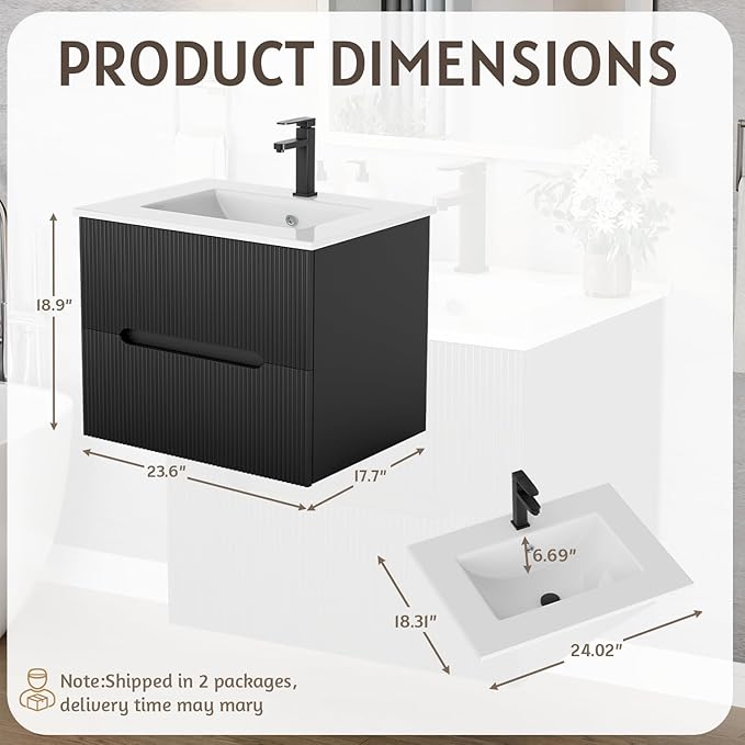 EROMMY 24 Inch Bathroom Vanity with Sink, Floating Bathroom Vanity with Ceramic Basin, Wall Mounted Bathroom Sink Cabinet Set with Soft-Close 2 Drawers, Faucet & Pop Up Drain, Black