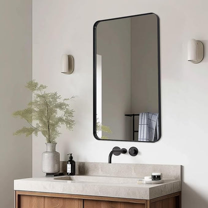 Black Bathroom Mirror, 24”x40” Rounded Corner Rectangle Mirror, Modern Metal Frame Bathroom Vanity Mirror(Matte Black Finish)