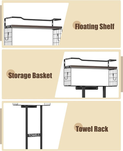Large Towel Rack & Bathroom Towel Holder - Wall Mounted Metal Rack with Wooden Floating Shelf, Small Bathroom Towel Storage, Easy Holds 6 Large Rolled Towels, Black with Brown Plank