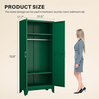 winiowa Metal Armoire Wardrobe Closet with 2 Doors, 71" Wardrobe Cabinet with Adjustable Shelves and Hanging Rod, Clothing Storage Cabinet Closet for Bedroom-Green