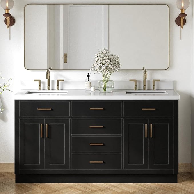 ARIEL Hepburn 66-inch Bathroom Vanity with Sink,Solid Wood, 1.5-inch Pure White Quartz Countertop & Backsplash, Double Rectangular Porcelain Sink, 4 Soft Closing Doors, 6 Dovetail Drawers, Black