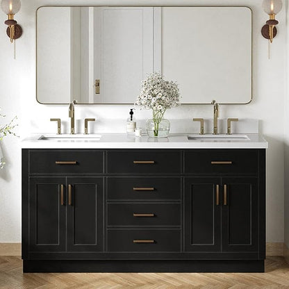 ARIEL Hepburn 66-inch Bathroom Vanity with Sink,Solid Wood, 1.5-inch Pure White Quartz Countertop & Backsplash, Double Rectangular Porcelain Sink, 4 Soft Closing Doors, 6 Dovetail Drawers, Black