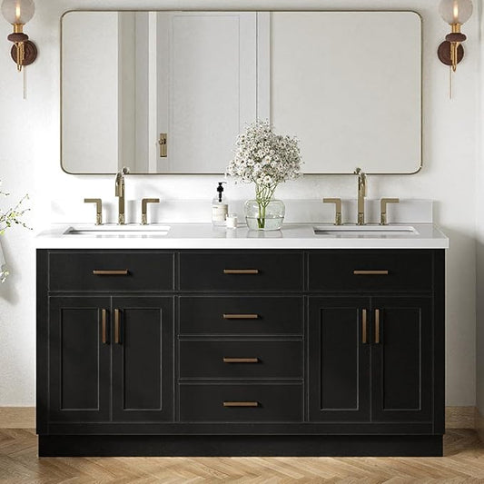 ARIEL Hepburn 66-inch Bathroom Vanity with Sink,Solid Wood, 1.5-inch Pure White Quartz Countertop & Backsplash, Double Rectangular Porcelain Sink, 4 Soft Closing Doors, 6 Dovetail Drawers, Black