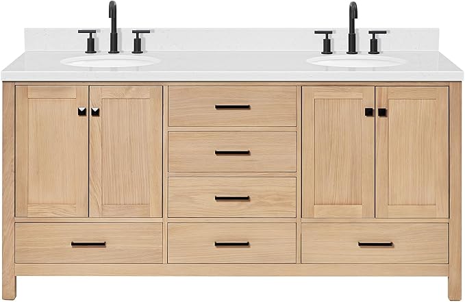 ARIEL Cambridge 72-inch Bathroom Vanity with Sink,Solid Wood, 1.5-inch Carrara White Quartz Countertop & Backsplash, Double Oval Porcelain Sink, 4 Soft Closing Doors, 6 Dovetail Drawers, White Oak