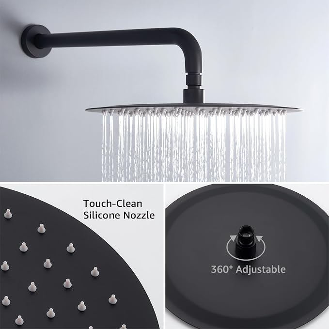 Iriber Mattle Black Round Rain Shower System with 4 PCS Body Jets 3 Function Shower Faucet Set Contain 12 Inch Shower Head and Handheld Wall Mounted Pressure Balance Shower Trim Kit (Valve Included)