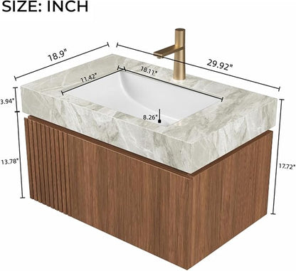 LKTART Floating 30 Inch Bathroom Vanity with Sink, Modern Plywood Wall Mounted Bathroom Storage Cabinet with 1 Door and 1 Drawer, Roma Travertine-Pattern Sintered Stone Countertop and Ceramic Basin