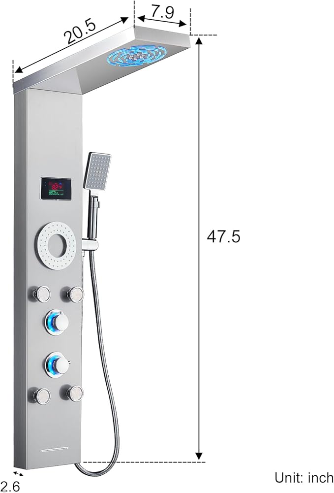 LED Shower Panel Tower System, Stainless Steel Rainfall & Mist Shower Tower, 5 Body Jets, Handheld Shower, Tub Spout and Hydroelectricity Temperature Display, Brushed Nickel