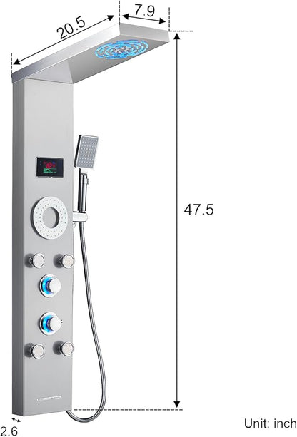 LED Shower Panel Tower System, Stainless Steel Rainfall & Mist Shower Tower, 5 Body Jets, Handheld Shower, Tub Spout and Hydroelectricity Temperature Display, Brushed Nickel