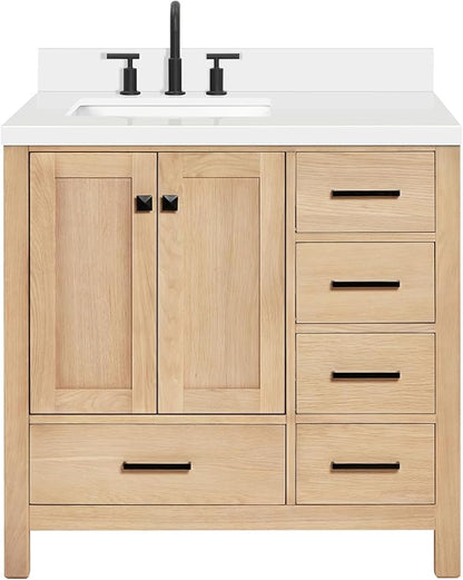 ARIEL 37 inch Bathroom Vanity top with Sink, 1.5 Inch Thick Miter Edge White Quartz top, Left Offset Vanity top with Rectangle Porcelain Sink, Includes Backsplash