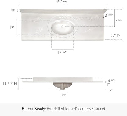 Design House Single Sink Vanity Top, 61", Ivory | With Backsplash, , Countertop, Classic, Cultured Marble, Bath, 597419