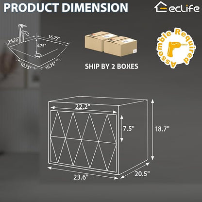 eclife 24" Floating Bathroom Vanities with Sink Combo, Wall Mounted Modern Cabinet W/Diamond Line Pattern Design, White Square Ceramic Vessel Sink W/Water Save Faucet & Pop Up Drain, White