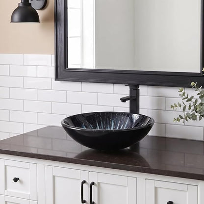 Bathroom Artistic Sink, Tempered Glass Vanity Round Bowl, Midnight Blue | Black Faucet, Pop Up Drain, Above Counter, Easy Clean