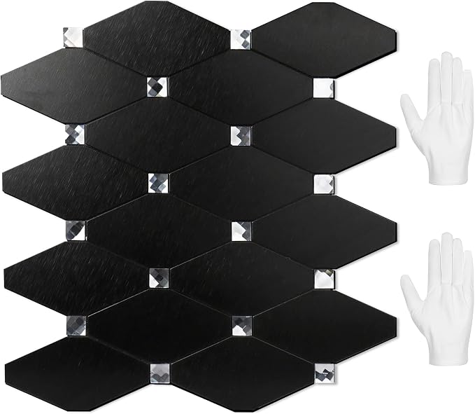 STICKGOO Peel and Stick Backsplash, 10 Sheets Kitchen Mosaic Tile Sticker, Black Brushed Aluminum Composite Panel, Stick on Backsplash for Kitchen, Countertop, Bathroom Vanity