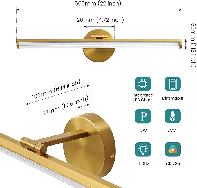 KAISITE Bathroom Light Fixture Over Mirror - Gold Vanity Light Fixture 15W 5CCT Angle Adjustable 22 Inch LED Dimmable Modern Vanity Light Bar for Bedroom Living Room Bathroom