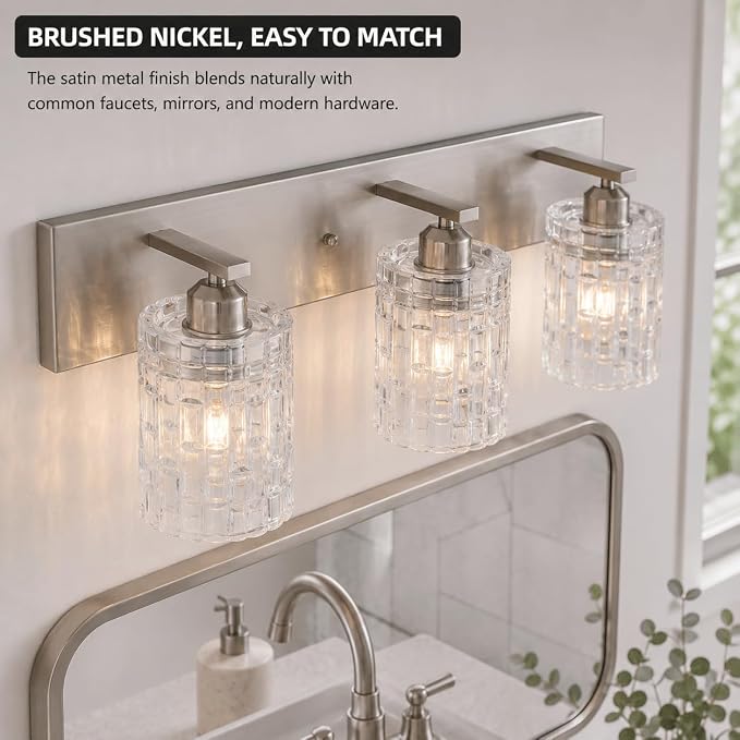 3-Light Crystal Bathroom Vanity Light Over Mirror, Nickel Modern Wall Light Fixture for Bathroom, Living Room, Bedroom, Hallway