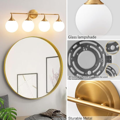 Brushed Gold Bathroom Light Fixtures Over Mirror Vanity 4-Light | Mid Century Modern Brushed Gold Wall Sconce with Milky White Glass Ball Shades for for Bathroom Dressing Table Bedroom