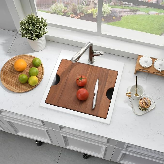 21 Inch White Bar Sink Drop In Quartz Workstation Outdoor RV Sink | 21x20 White Drop In Kitchen Sink, Single Bowl Wet Bar Sinks with Cutting Board,Resistant to Stain, Heat, Chipping