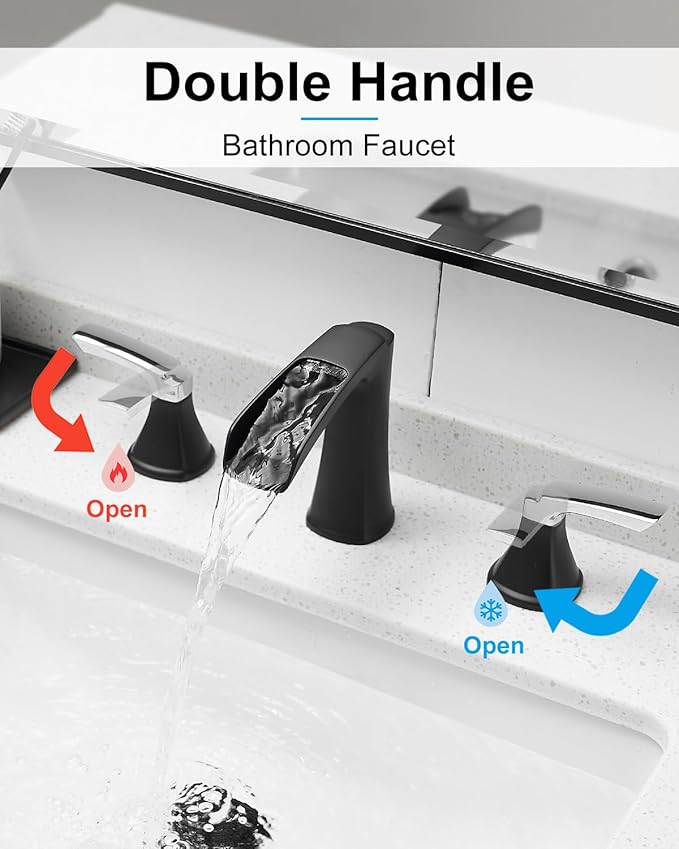 Fapully Bathroom Faucet 3 Hole, Waterfall 8 Inch Widespread Bathroom Sink Faucet with Pop-up Drain, Two-Handle Faucet for Bathroom Sink Matte Black&Chrome