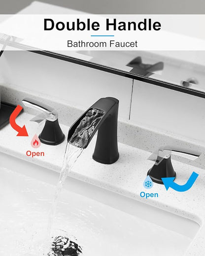 Fapully Bathroom Faucet 3 Hole, Waterfall 8 Inch Widespread Bathroom Sink Faucet with Pop-up Drain, Two-Handle Faucet for Bathroom Sink Matte Black&Chrome