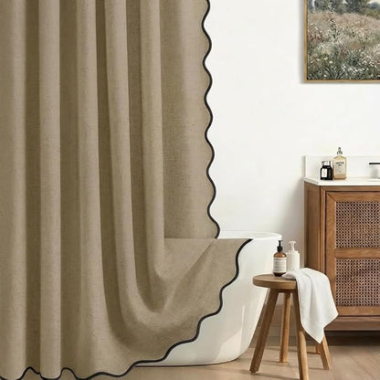 Scalloped Shower Curtain Linen Boho Khaki 72" W x 72" L | Linen Fabric, Black Border, Washable, Heavy Duty Cloth, Shower Curtain for Boho Farmhouse Bathroom Bathtub