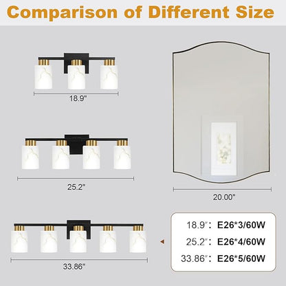 5-Light Bathroom Light Fixtures, Modern Vanity Lights, Black and Gold Metal Wall Lamp with White Marble Glass for Bathroom, Mirror, Living Room, Bedroom, Cabinet, Porch, Hallway, E26 Base