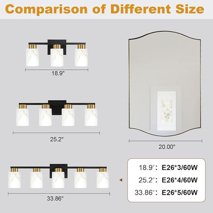 4-Light Bathroom Light Fixtures, Modern Vanity Lights, Black and Gold Metal Wall Lamp with White Marble Glass for Bathroom, Mirror, Living Room, Bedroom, Cabinet, Porch, Hallway, E26 Base