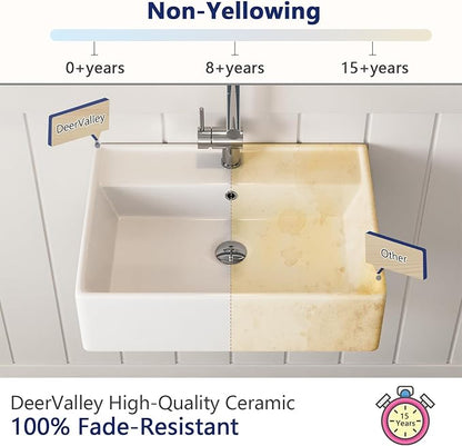 DeerValley 23x18 Inch Wall Mounted Bathroom Sink, White Ceramic Rectangular Vessel Sink with Overflow and Faucet Hole, Art Sink, DV-1WS0127