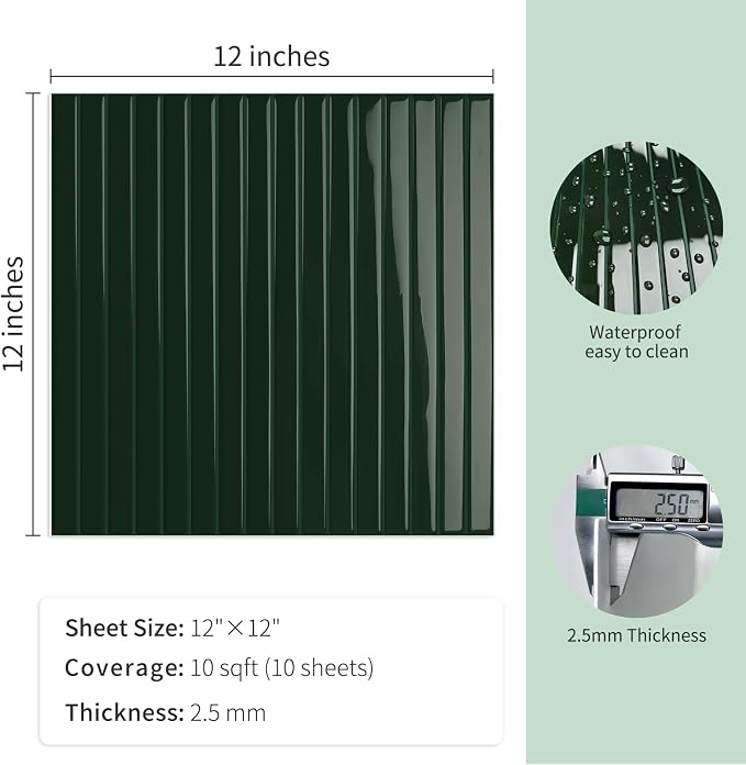 10-Sheet Upgraded Thick Peel and Stick Kitchen Backsplash Tiles | Waterproof Premium Self-Adhesive Wall Tile Stick on Backsplash for Kitchen,Bathroom and Fireplace(Green,12"×12")