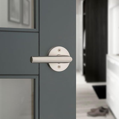 Kwikset Milan Interior Privacy Door Handle with Lock, Door Lever For Bathroom and Bedroom, Satin Nickel Reversible Keyless Push Button Lock Door Lever