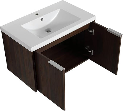 Henf 30inch Floating Bathroom Vanity Cabinet with Sink Combo, Modern Wall Mounted Solid Wood Cabinet with White Gel Basin Sink Bathroom Storage Cabinet with 2 Soft Close Doors