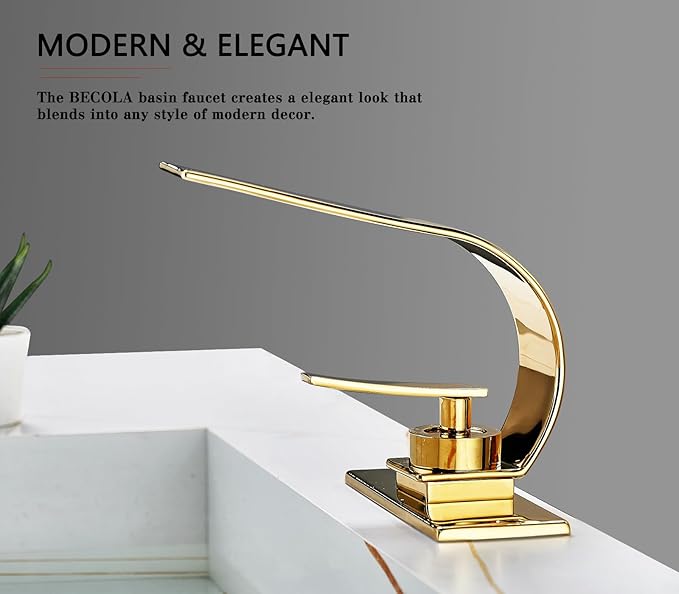 becola Modern Bathroom Sink Faucet, Single Handle Bathroom Faucets for Sink 1 Hole, Low Arc Touch On Faucet, Gold Hot and Cold Water Mixer Tap with Deck Plate - Gold