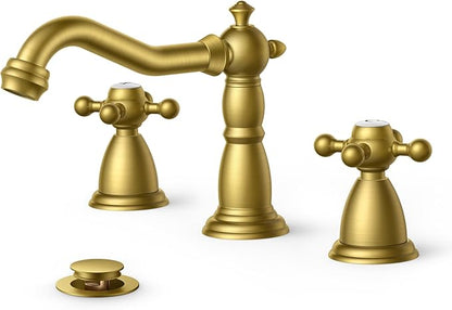 FORIOUS 3 Hole Vintage Bathroom Faucet Brushed Gold, 2 Handles 8 Inch Widespread Antique Brass Bathroom Sink Faucet for Vanity RV Farmhosue, with Metal Pop Up Drain and Supply Lines
