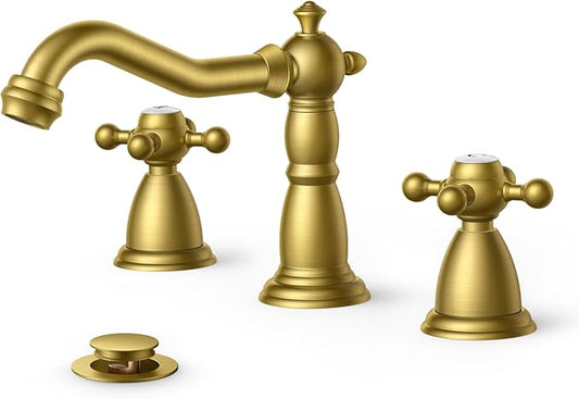 FORIOUS 3 Hole Vintage Bathroom Faucet Brushed Gold, 2 Handles 8 Inch Widespread Antique Brass Bathroom Sink Faucet for Vanity RV Farmhosue, with Metal Pop Up Drain and Supply Lines