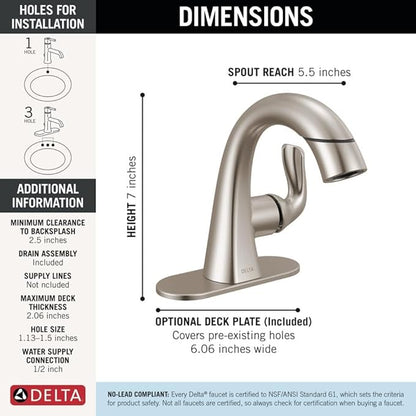 Delta Arvo 1 Hole Pull Down Bathroom Faucet with Sprayer, Brushed Nickel Single Hole Bathroom Sink Faucet with Pull Out Sprayer for Vanity, Push-Pop Drain, SpotShield Stainless 15840LF-SPPD