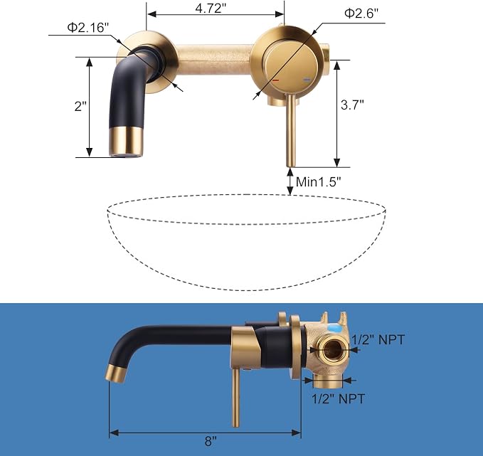 ARCORA Wall Mount Bathroom Faucet, Black and Gold Single Handle Bathroom Sink Faucet Wall Mounted, Rough-in Valve Included