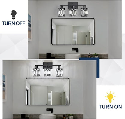 Crystal Modern Bathroom Light Fixtures, 3-Light Black Bathroom Vanity Wall Light, Vanity Lights for Mirror, Restroom, Bedroom (E26 Socket, Bulbs Not Included)
