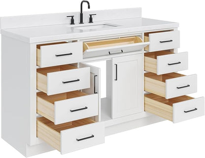 ARIEL Hepburn 60-inch Bathroom Vanity with Sink,Solid Wood, 1.5-inch Carrara White Quartz Countertop & Backsplash, Single Rectangular Porcelain Sink, 2 Soft Closing Doors, 9 Dovetail Drawers, White