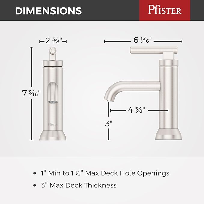Pfister Capistrano Bathroom Sink Faucet, Single Control, 1-Handle, Single Hole, NSF Certified, Spot Defense Brushed Nickel Finish, LF042CSOGS