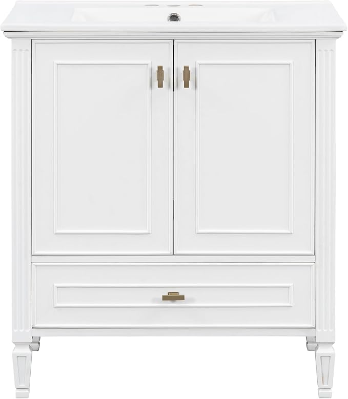Merax 30 Inch Bathroom Vanities with Undermount Sink, Vanity Cabinet with Door Rack Shelf, Multi-Functional Drawer with Dividers, Soft Closing Doors, White
