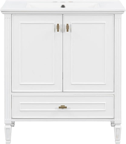 Merax 30 Inch Bathroom Vanities with Undermount Sink, Vanity Cabinet with Door Rack Shelf, Multi-Functional Drawer with Dividers, Soft Closing Doors, White